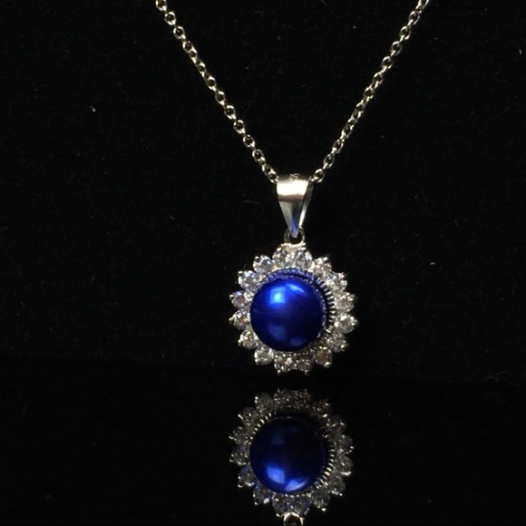 925 Silver Blue Pearl CZ Crystal Pendant Necklace - Picture 5 of 7